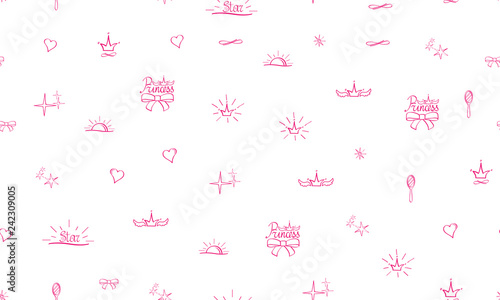 Seamless pattern Little Princess. Pink sketch, cute doodle baby elements. Princess concept. Childish background. Hand drown design for girl. Crown heart mirror sun stars princess. Vector illustration