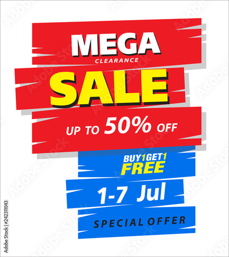 Mega sale poster banner. 50% Big sale, clearance sale. Vector illusration