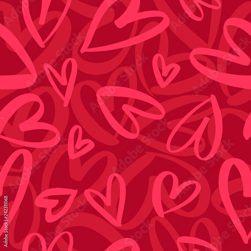 Seamless romantic pattern with hand drawn red hearts. Colorful doodle hearts on red background. Ready template for design, postcards, print, poster, party, Valentine's day, vintage textile. Vector.