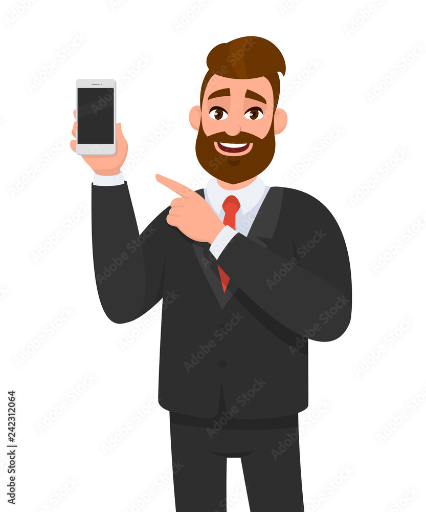 Attractive bearded businessman holding/showing brand new smartphone/mobile/cell phone in hand and pointing index finger towards. Human emotion and body language concept illustration in vector cartoon. Attractive bearded businessman holding/showing brand new smartphone/mobile/cell phone in hand and pointing index finger towards. Human emotion and body language concept illustration in vector cartoon.
