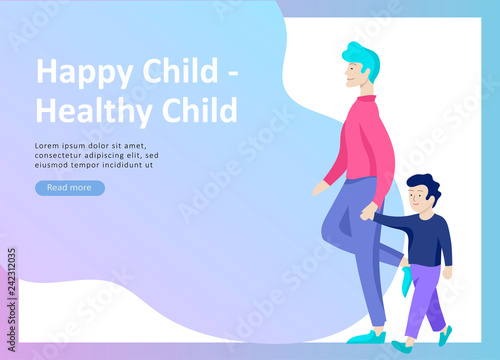 Landing page templates for happy Fathers day, child health care, happy childhood and children, goods and entertainment for Father with children. Parents with daughter and son have fun togethers