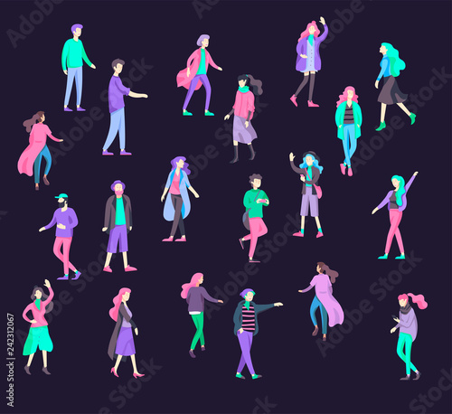 Vector people character walking on the street in autumn or winter clothes, friends and couples. Colorful Group of male and female flat cartoon characters