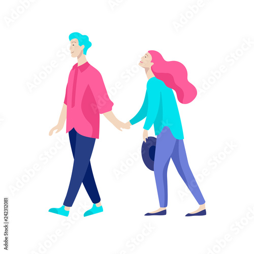 Vector people character walking on the street in autumn or winter clothes, friends and couples. Colorful Group of male and female flat cartoon characters