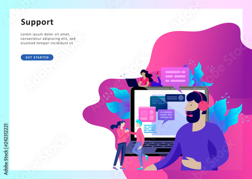 Concept Landing page template customer service, male hotline operator advises client, online global technical support, customer and operator
