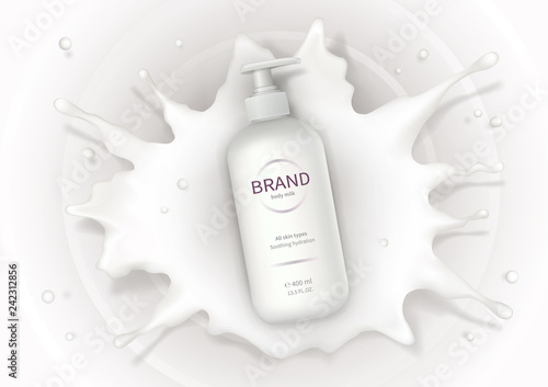 Cosmetic realistic vector background with cream. Skin care cosmetics, body lotion in white plastic bottle with dispenser fall into milk splash, crown. Mock-up promo banner, advertising poster template