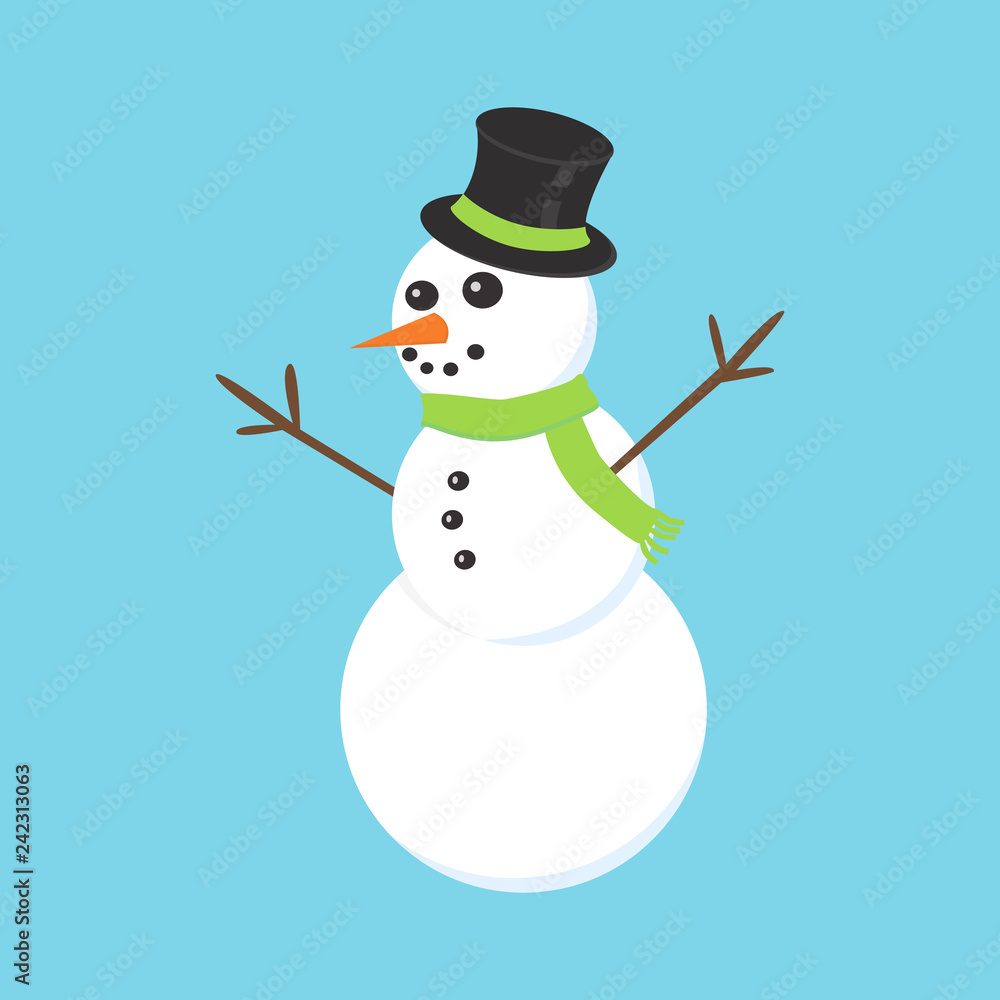 Flat icon Snowman with green scarf isolated on blue background. Vector illustration.