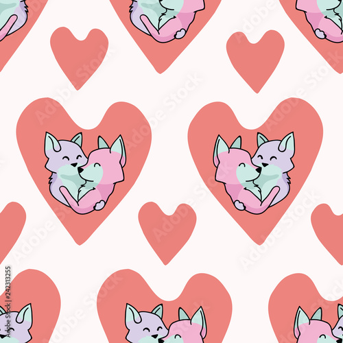 Vector cute fox hug hearts. Seamless repeat pattern. Hand drawn 2 foxy animals hugging inside love heart for romantic valentines day, wedding or pet anniversary background. Free hug concept.
