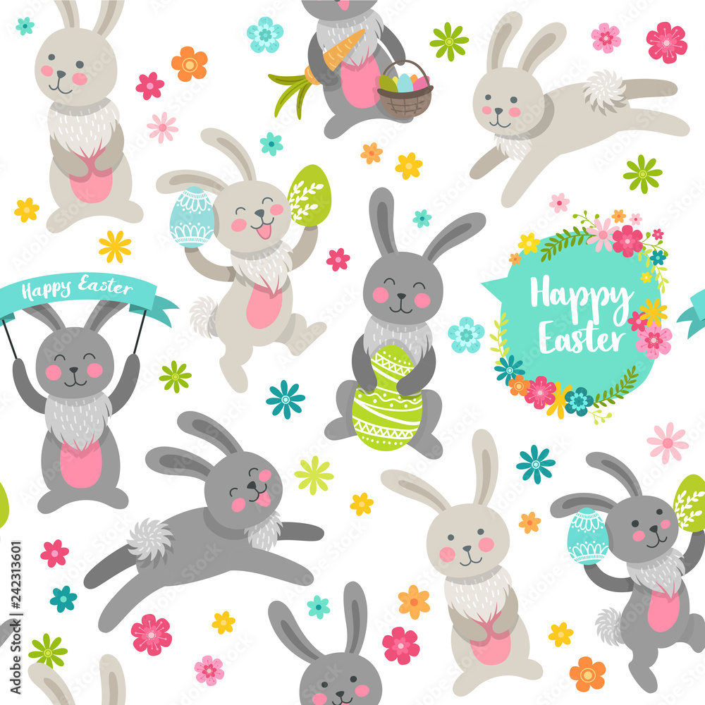 Happy Easter. Vector cartoon style easter bunny seamless pattern Happy Easter. Vector cartoon style easter bunny seamless pattern