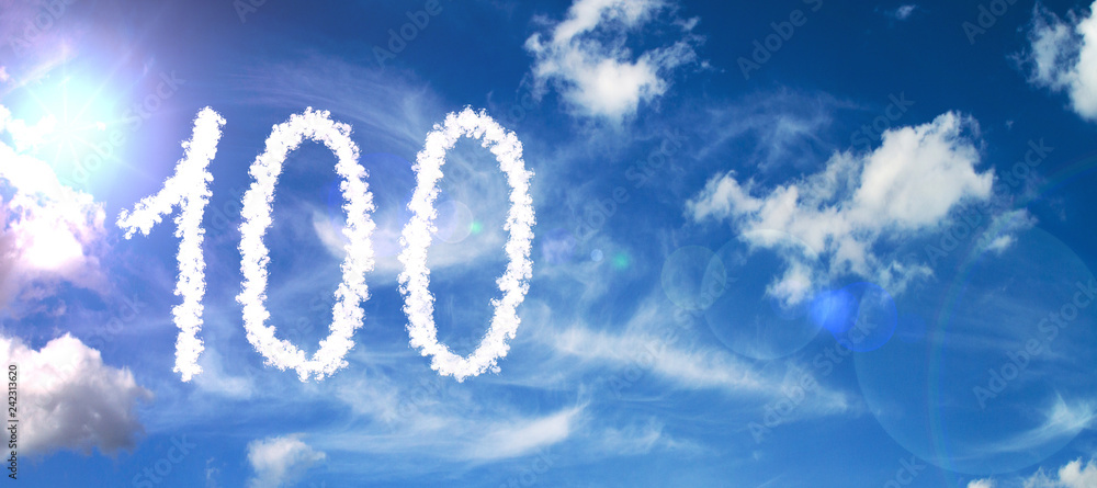 Painted with clouds on a blue background with a flare of sun and white clouds number 100