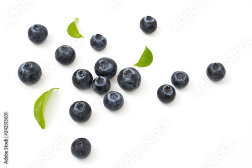 Group blueberries and leaf isolated on white
