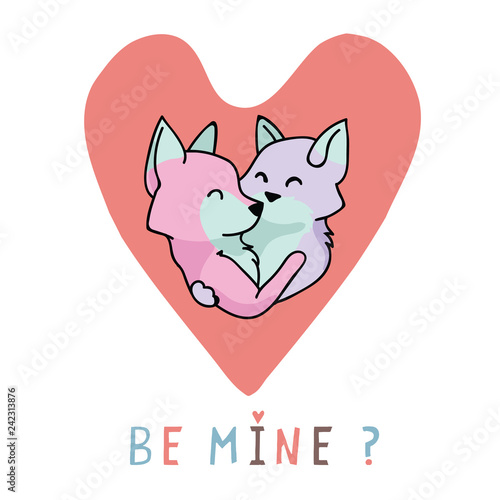 Vector cute fox hug heart with be mine text. Hand drawn illustration motif. 2 cartoon foxy animals hugging inside love heart for romantic valentines day, wedding or kawaii proposal clipart.