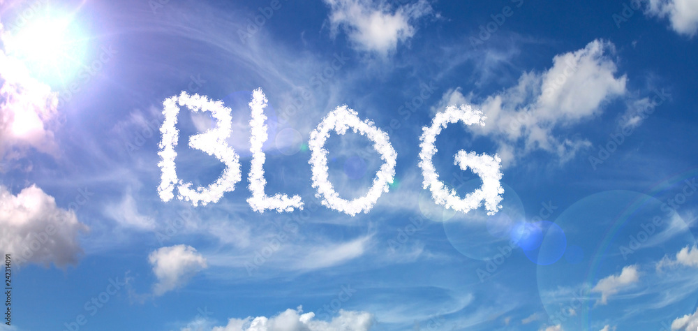 Painted clouds on a blue background with a flare of the sun and white clouds BLOG inscription Painted clouds on a blue background with a flare of the sun and white clouds BLOG inscription