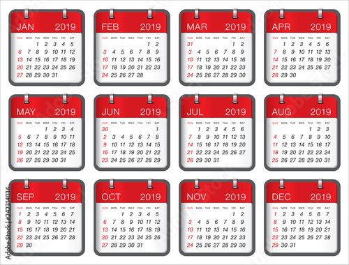 Year 2019 monthly calendar vector illustration
