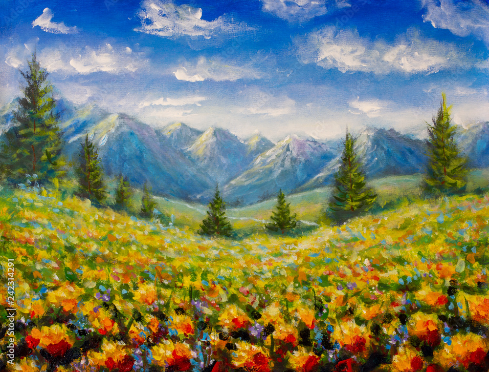 Φωτογραφία flowers field and pine trees near mountains landscape illustration fie art on ca