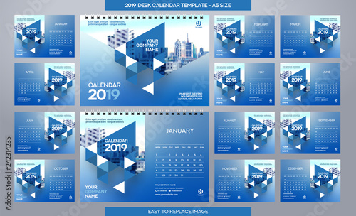 Desk Calendar 2019 template - 12 months included - A5 Size