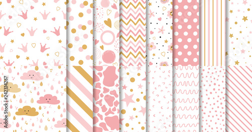 Set of cute sweet pink seamless patterns Wallpaper for little baby girl Pink background collection