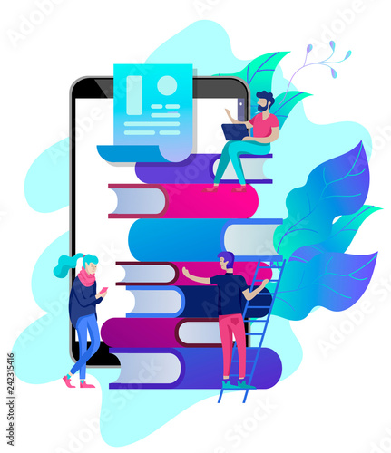 Concept Education people, Internet studying, online training, online book, tutorials, e-learning for social media, distance education, documents, cards, posters. Vector illustration online education