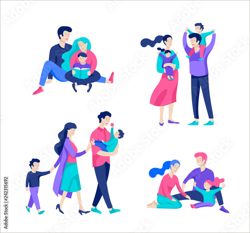 Family spend time together, happy parents with children. Vector people character. Editable outline stroke size. Colorful flat concept illustration.