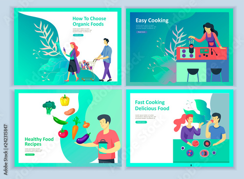 Landing page templates with people who prepare healthy organic food, simple recipes, how to choose products in the supermarket, food delivery and fast food. Culinary blog or diet concept