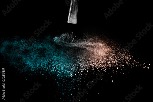 Deep ocean and Living Coral Color of the year 2019, powder splash for makeup artist or graphic design in black background