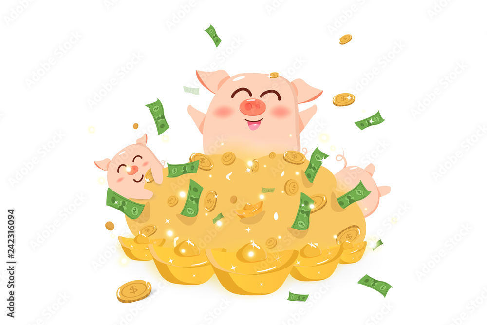 Obraz Big pile of money with pig, year of the pig, Chinese New Year, cute cartoon character vector illustration