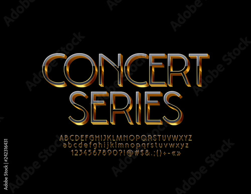 Vector Golden chic label Concert Series. Elegant 3D Font. Luxury glossy Black Alphabet Letters, Numbers and Symbols. 