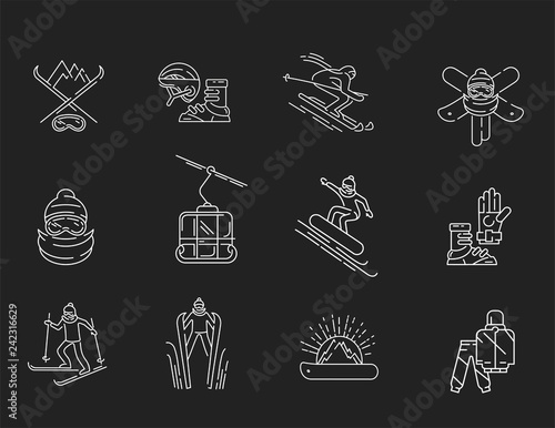 Vector icon and logo for snowboarding and skiing or other winter sports. Editable outline stroke size. Line flat contour, thin and linear design. Simple icons. Concept illustration. Sign, symbol