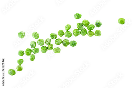 Green peas isolated on white background, top view.