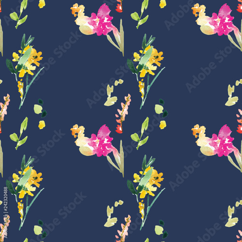 Spring Floral Field Pattern Background Wallpaper. Pink Spring Flowers Watercolor Pattern
