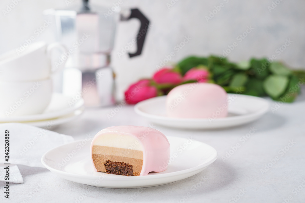 Trendy mousse cakes with pink mirror glaze. Heart shaped. Trendy mousse cakes with pink mirror glaze. Heart shaped.