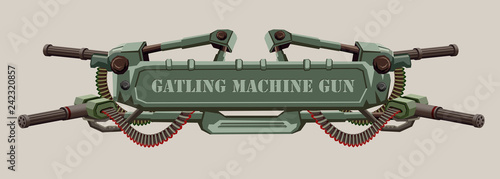 Mechanical military banner with space for text decorated with mashine guns and machine-gun belts.