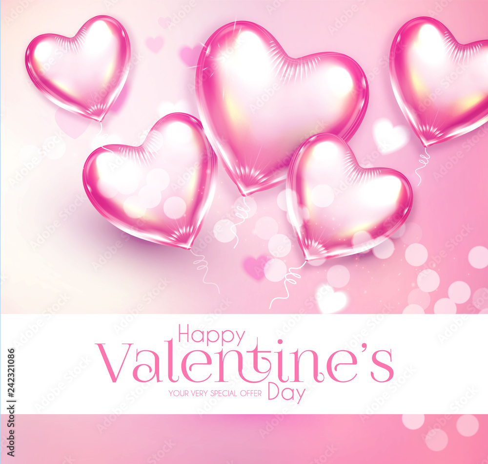 Valentine s Day Design Template with Glossy Heart Balloons and Blur Background.