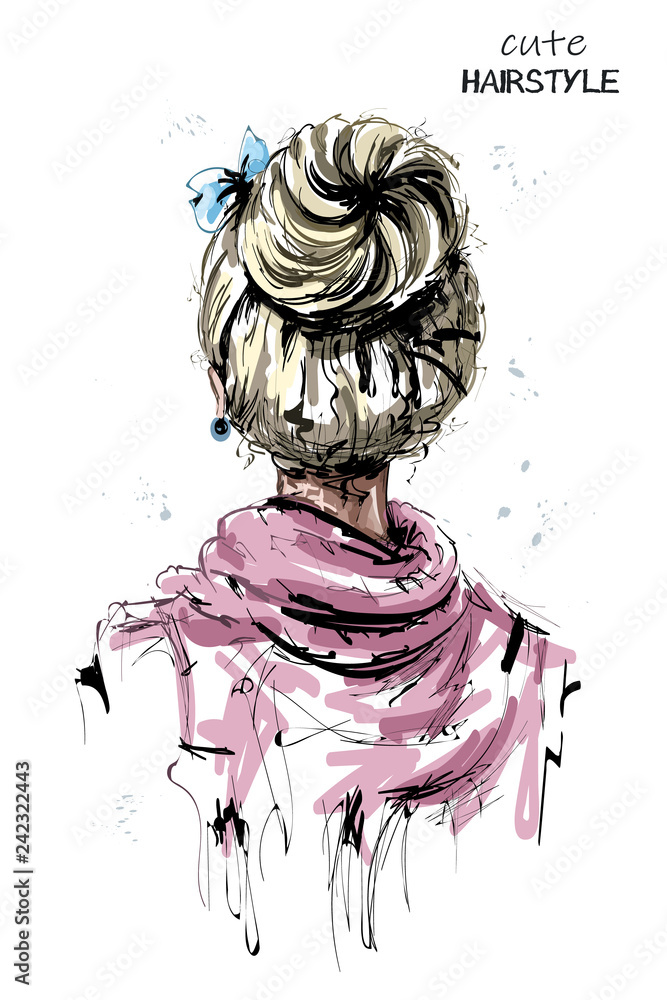 Hand drawn woman back with blonde hair. Cute hairstyle with bow. Fashion  woman hairstyle. Sketch. Vector illustration. Stock Vector | Adobe Stock