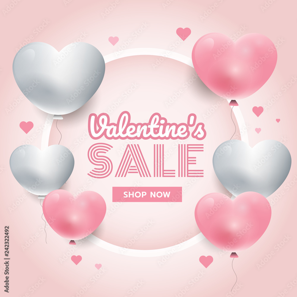 Party time, valentine's day background with white and pink 3d hearts, circle frame, banner vector, sales promotion template, greeting card or invitation