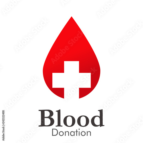 Logotipo con texto Blood Donation con gota color rojo con cruz en espacio negativo abajo