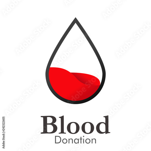 Logotipo abstracto con texto Blood Donation con gota lineal gris con líquido rojo