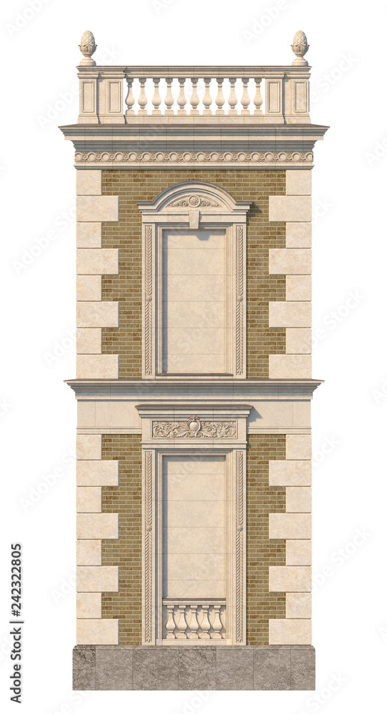 Obraz premium Brick facade of a classic-style house with niches in light colors. 3d rendering.