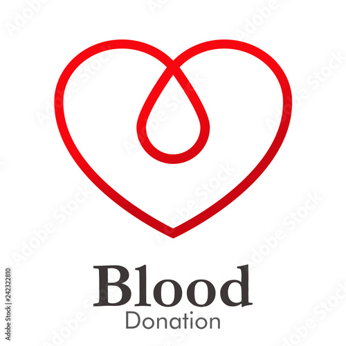 Logotipo abstracto con texto Blood Donation con corazón con gota lineal color rojo