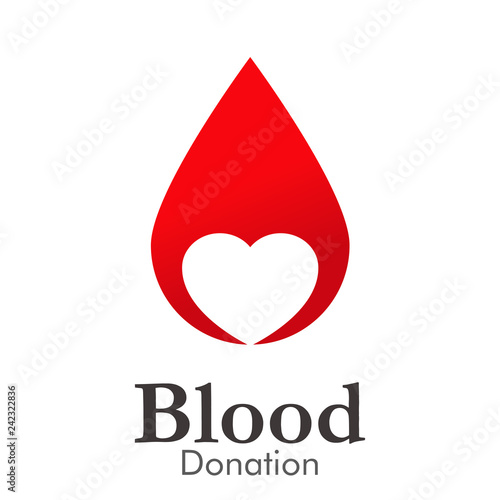 Logotipo con texto Blood Donation con gota color rojo con corazón en espacio negativo abajo
