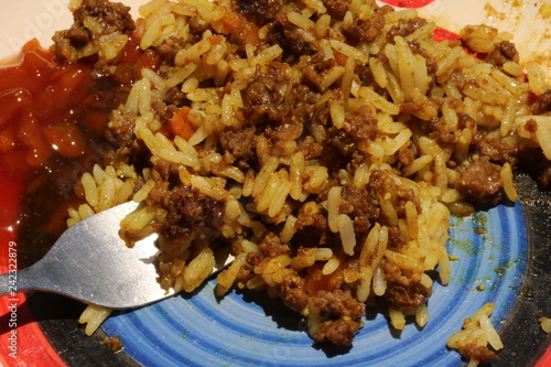 Close up of a traditional South African dish called Bobotie consisting of mince, curry and rice with a blob of chutney on the side. photo