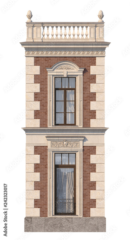 Brick facade of a classic-style house with windows. 3d rendering. Brick facade of a classic-style house with windows. 3d rendering.