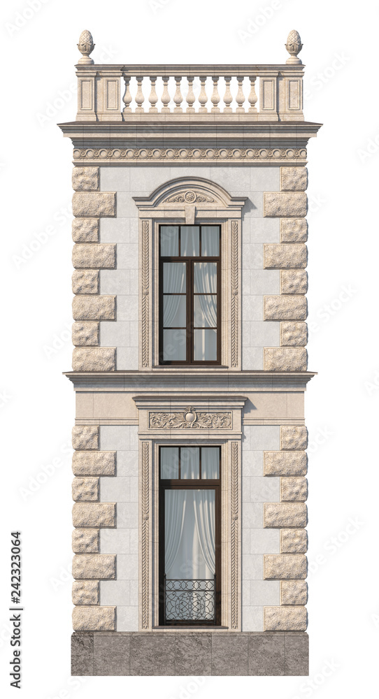 Stone facade of a classic house with windows. 3d rendering Stone facade of a classic house with windows. 3d rendering