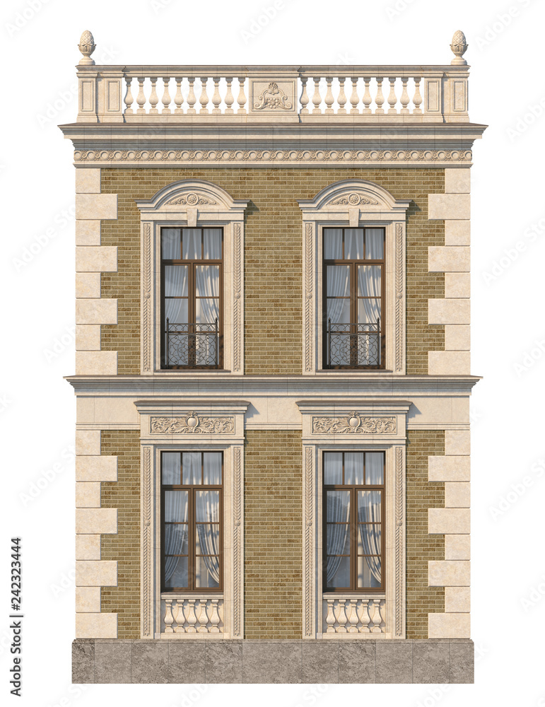 Brick facade of a classic-style house with windows. 3d rendering. Brick facade of a classic-style house with windows. 3d rendering.