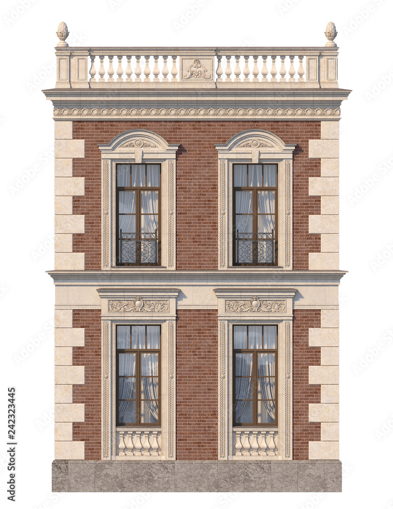 Brick facade of a classic-style house with windows. 3d rendering. Brick facade of a classic-style house with windows. 3d rendering.