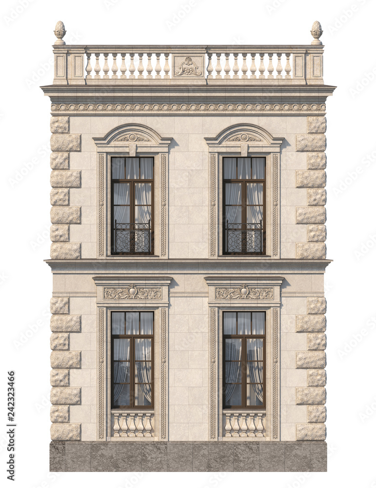 Stone facade of a classic house with windows. 3d rendering