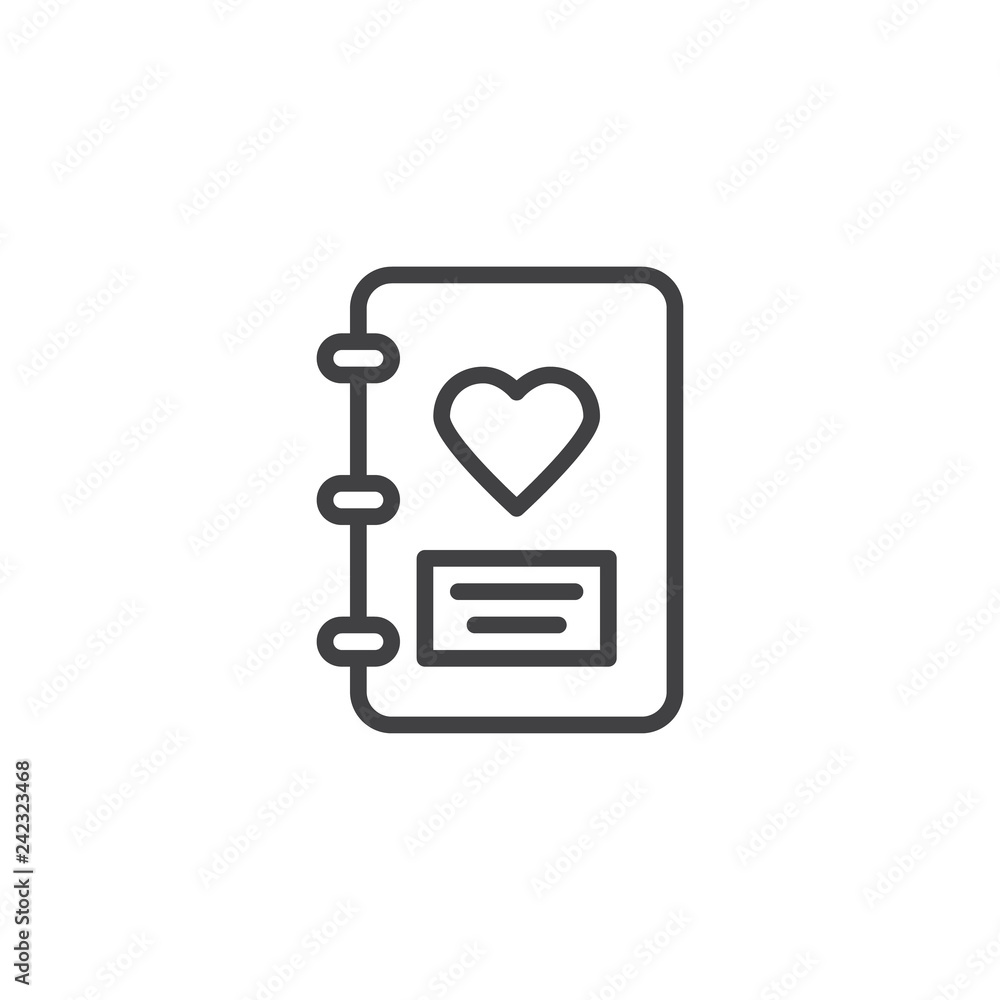 Love diary line icon. linear style sign for mobile concept and web design. Notebook with heart outline vector icon. Love and valentine's day symbol, logo illustration. Pixel perfect vector graphics Love diary line icon. linear style sign for mobile concept and web design. Notebook with heart outline vector icon. Love and valentine's day symbol, logo illustration. Pixel perfect vector graphics