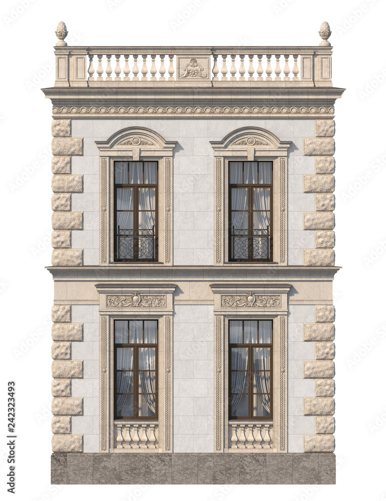 Fototapeta premium Stone facade of a classic house with windows. 3d rendering