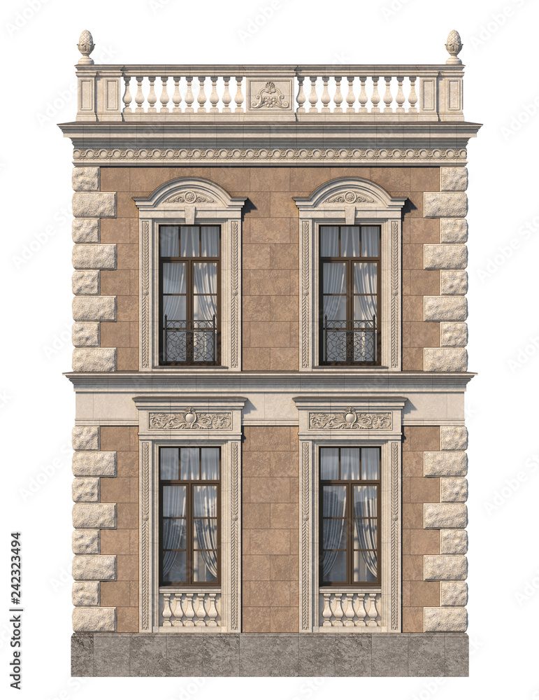 Fototapeta premium Stone facade of a classic house with windows. 3d rendering