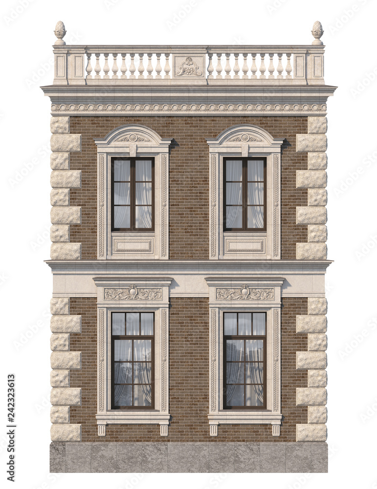 Fototapeta premium Brick facade of a classic-style house with windows. 3d rendering.