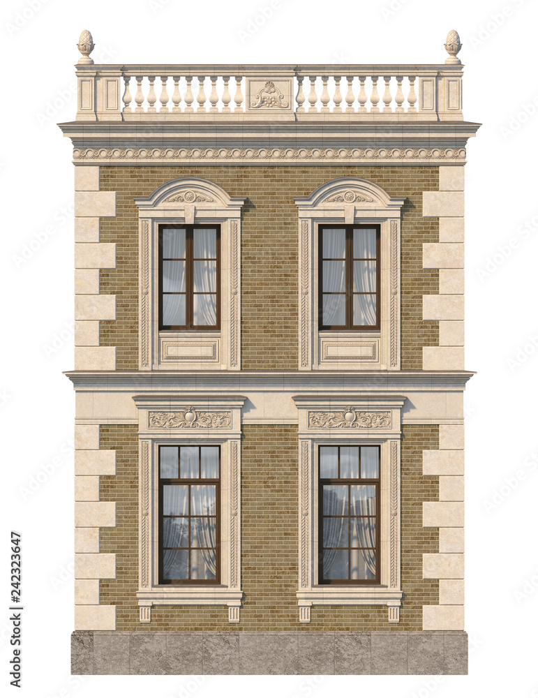 Brick facade of a classic-style house with windows. 3d rendering. Brick facade of a classic-style house with windows. 3d rendering.